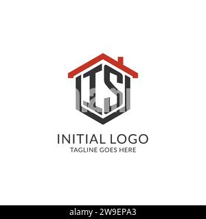 Il logo iniziale È monogramma con il design a forma esagonale del tetto, grafica vettoriale semplice e minimale del logo immobiliare Illustrazione Vettoriale