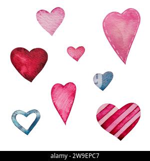 cuori rossi, rosa, blu di forme diverse. set di illustrazioni isolate ad acquerello. Cliparts per la decorazione di San Valentino, design sul tema Foto Stock