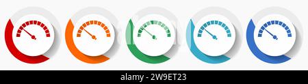 Misuratore di velocità, set di icone vettoriali con indicatore rapido, icone piatte per la progettazione di logo, Web design e applicazioni mobili, pulsanti rotondi colorati Illustrazione Vettoriale
