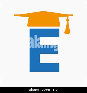 Logo Education sulla lettera e con icona cappello di laurea. Simbolo dello studio Illustrazione Vettoriale