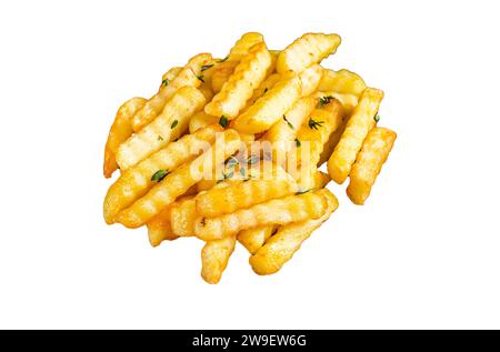 Crocchette di patate cotte al forno o patatine fritte isolate su sfondo bianco, vista dall'alto Foto Stock