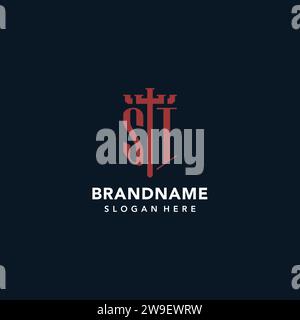 Loghi del monogramma iniziale si con idee di design a forma di spada e scudo Illustrazione Vettoriale