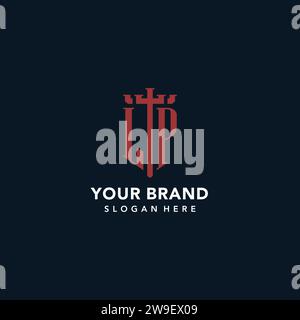 Loghi del monogramma iniziale LP con idee di design a forma di spada e scudo Illustrazione Vettoriale