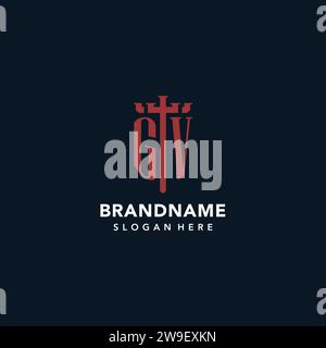 Logo monogramma iniziale GV con idee di design a forma di spada e scudo Illustrazione Vettoriale