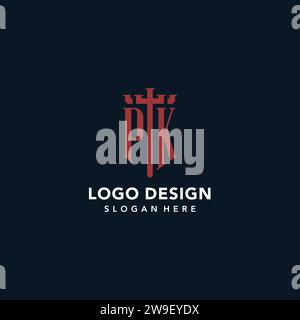 Logo monogramma iniziale PK con idee di design a forma di spada e scudo Illustrazione Vettoriale