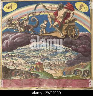 Il pianeta Saturno e la sua influenza sul mondo i sette pianeti (titolo della serie) Planetarum effectus et eorum in signis zodiaci (titolo della serie), 1585 di Maerten de Vos - il dio Saturno con una falce in mano. Cavalca su un carro trainato da due draghi. Un bambino piccolo sul carrello. Segno zodiacale superiore sinistro Capricorno, Acquario destro. In fondo un paesaggio collinare con le città. In primo piano, la gente sta scavando e si sta costruendo un castello. La performance include un poema di lode in latino sull'influenza del pianeta Saturno sulle aree montuose d'Europa. Foto Stock