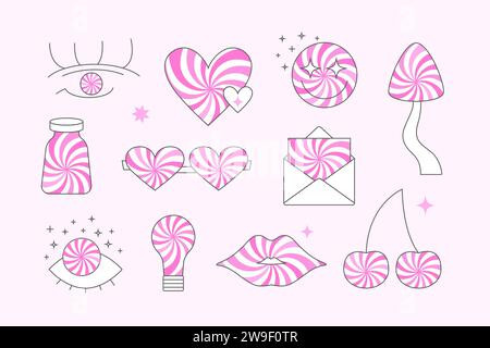 Elementi astratti, trippy retrò psichedelici, ipnotici. Illustrazioni rosa in stile anni '70 e '80. Illustrazione Vettoriale