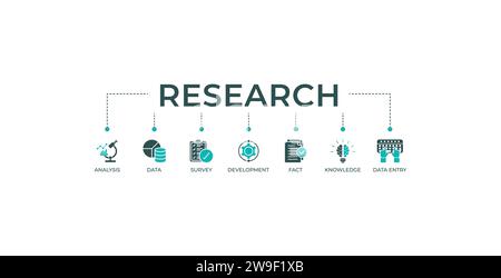Banner di ricerca Web icona illustrazione vettoriale concetto con icona di analisi, dati, indagine, sviluppo, fatti, conoscenza e immissione dei dati. Illustrazione Vettoriale
