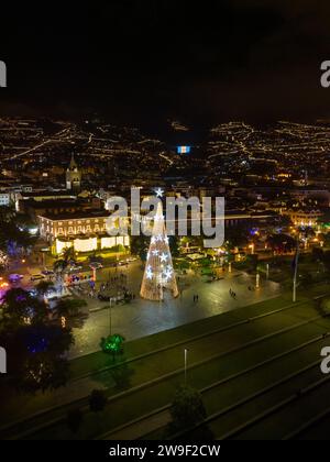 Un albero sagomato si erge in cima a un edificio come una stella nel cielo notturno: Madeira, Funchal a Natale di notte Foto Stock