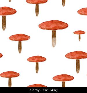 Motivo ad acquerello senza cuciture con funghi, motivi boschivi, disegnati a mano. Stampa fatta a mano con gli abitanti della foresta, raccolta autunnale di funghi per textil Foto Stock