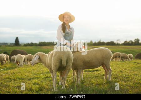 Donna sorridente che accarezza pecore al pascolo in fattoria Foto Stock