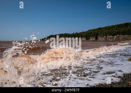 Infrangere le onde sulla spiaggia di Cape Enrage sulla costa della baia di Fundy a New Brunswick, Canada. Foto Stock