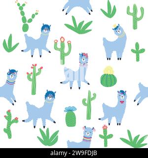 Grazioso motivo con lama, cactus, montagne alpine, catcher dei sogni, arcobaleni e cuori. Design della camera per bambini, tessuto stampato, carta da parati, confezione Illustrazione Vettoriale