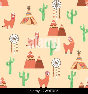 Grazioso motivo con lama, cactus, montagne alpine, catcher dei sogni, arcobaleni e cuori. Design della camera per bambini, tessuto stampato, carta da parati, confezione Illustrazione Vettoriale