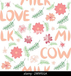 Simpatico motivo senza cuciture di schizzi di latte e l'iscrizione latte, mucca, amore. Modello piatto per tessuti, design di imballaggio Illustrazione Vettoriale