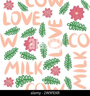 Simpatico motivo senza cuciture di schizzi di latte e l'iscrizione latte, mucca, amore. Modello piatto per tessuti, design di imballaggio Illustrazione Vettoriale