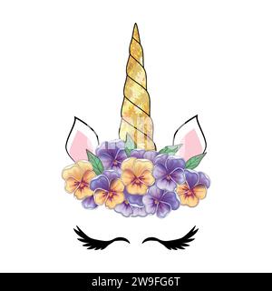 Carina testa di unicorno con corona di fiori Illustrazione Vettoriale