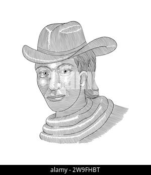 : Illustrazione disegnata a mano di un cowboy, stile disegno incisione Vintage Illustrazione Vettoriale