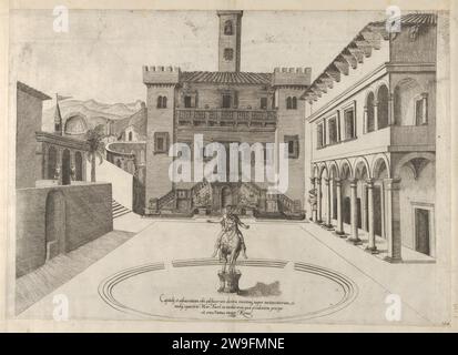 Vista del Campidoglio durante il restauro di Michelangelo, il monumento equestre di Marco Aurelio al centro, dallo "Speculum Romanae Magnificentiae" del 1941 di Anonimo Foto Stock