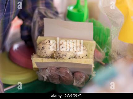 Le mani di un commerciante maschile che raccoglie il gelato con gocce di cioccolato alla vaniglia nel pane per un cliente. Foto Stock