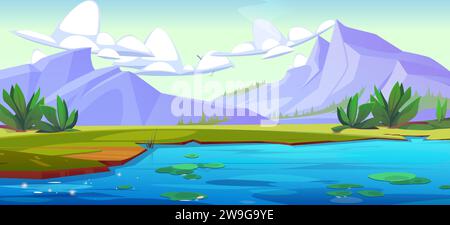 Paesaggio estivo con lago vicino ai piedi delle montagne nelle giornate di sole. Paesaggi vettoriali con laghetto blu con erba verde e cespugli sulla riva, ninfee, alte cime di colline e cielo con nuvole. Illustrazione Vettoriale