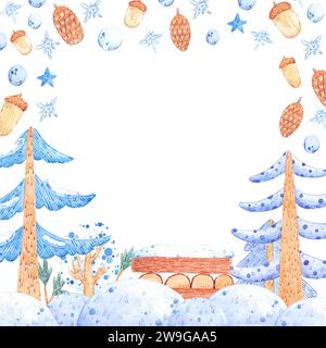Foresta invernale ad acquerello disegnata a mano con bordo a cornice di legna da ardere. Illustrazione fata isolata su sfondo bianco. Può essere utilizzato per etichette, cartoline, albù Foto Stock