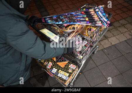 Bunde, Germania. 28 dicembre 2023. Un giovane olandese ha viaggiato fin dai Paesi Bassi per acquistare fuochi d'artificio tedeschi in un negozio a prezzi scontati nella regione di confine all'inizio della vendita di fuochi d'artificio di Capodanno. Crediti: Lars Penning/dpa/Alamy Live News Foto Stock