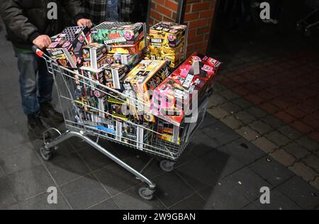 Bunde, Germania. 28 dicembre 2023. Un olandese ha viaggiato fin dai Paesi Bassi per acquistare fuochi d'artificio tedeschi in un negozio a prezzi scontati nella regione di confine all'inizio della vendita di fuochi d'artificio di Capodanno. Crediti: Lars Penning/dpa/Alamy Live News Foto Stock