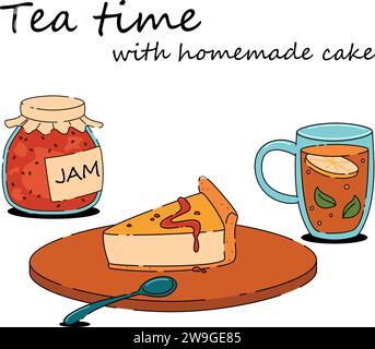 Un tè carino con cheesecake. Teiera, tazza calda di tè o caffè, marmellata di frutti di bosco. Accogliente casa autunnale o invernale Illustrazione Vettoriale