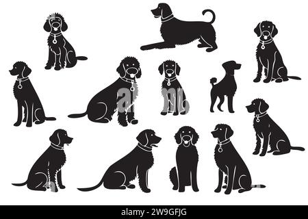 Collezione di silhouette vettoriale di cani, da piccoli a grandi. Simbolo di animale e animale domestico. Illustrazione Vettoriale
