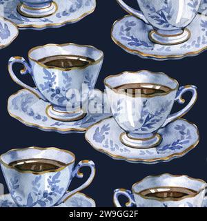 Motivo ad acquerello dipinto a mano senza cuciture con tazze da tè e caffè antiche. Design a tema Tea Time. Tazza di tè o caffè in porcellana. Sfondo ripetuto. Foto Stock