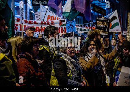 Dublino, Irlanda. 15 novembre 2023. Una folla di manifestanti canta slogan e tiene bandiere, striscioni e cartelli in solidarietà con la Palestina durante la manifestazione. I manifestanti si radunano davanti al Parlamento irlandese a Dublino in solidarietà con la Palestina e chiedono l'espulsione dell'ambasciatore israeliano dal paese. (Foto di Maria Giulia Molinaro vitale/SOPA Images/Sipa USA) credito: SIPA USA/Alamy Live News Foto Stock