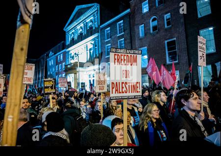 Dublino, Irlanda. 15 novembre 2023. Un manifestante tiene un cartello con la scritta "libertà per la Palestina” durante la manifestazione. I manifestanti si radunano davanti al Parlamento irlandese a Dublino in solidarietà con la Palestina e chiedono l'espulsione dell'ambasciatore israeliano dal paese. (Foto di Maria Giulia Molinaro vitale/SOPA Images/Sipa USA) credito: SIPA USA/Alamy Live News Foto Stock