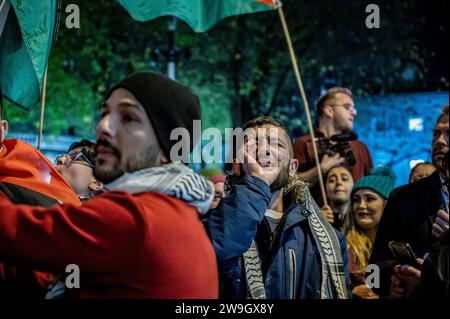 Dublino, Irlanda. 15 novembre 2023. Un manifestante grida "ambasciatore israeliano” durante la manifestazione. I manifestanti si radunano davanti al Parlamento irlandese a Dublino in solidarietà con la Palestina e chiedono l'espulsione dell'ambasciatore israeliano dal paese. (Foto di Maria Giulia Molinaro vitale/SOPA Images/Sipa USA) credito: SIPA USA/Alamy Live News Foto Stock