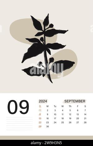 Calendario da parete di settembre 2024 in morbido colore beige con arte botanica, le settimane iniziano il lunedì, disegno di illustrazione vettoriale Illustrazione Vettoriale