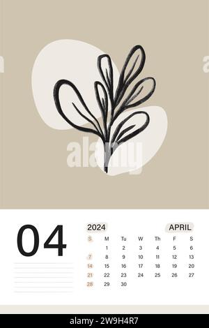 Calendario da parete di aprile 2024 in morbido tema di colore beige con arte botanica, le settimane iniziano il lunedì, disegno di illustrazione vettoriale Illustrazione Vettoriale