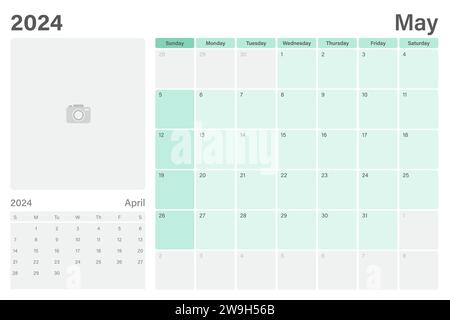 Maggio 2024 calendario da tavolo o desk planner con spazio per foto, design vettoriale, le settimane iniziano domenica Illustrazione Vettoriale