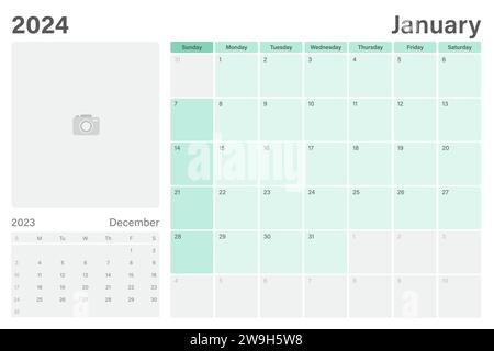 Calendario da tavolo o desk planner di gennaio 2024 con spazio per foto, design vettoriale, le settimane iniziano domenica Illustrazione Vettoriale