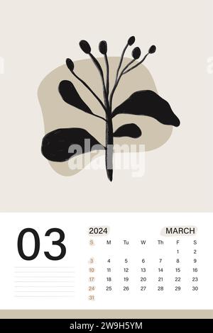 Calendario da parete di marzo 2024 in morbido colore beige con arte botanica, le settimane iniziano il lunedì, disegno di illustrazione vettoriale Illustrazione Vettoriale