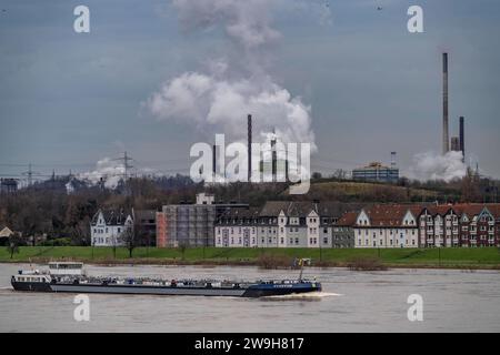 Frachtschiff auf dem Rhein bei Duisburg-Laar, Häuser an der Deichstrasse, Industriekulisse des ThyssenKrupp Steel Stahlwerk a Bruckhausen, Hochwasser, NRW, Deutschland, Binnenschifffahrt *** nave da carico sul Reno vicino a Duisburg Laar, case sulla Deichstrasse, RW sfondo industriale della ThyssenKrupp Inland Steel, Nhausen, navigazione interna, Nhausen, Nhausen, Nhausen, Nhausen, Nhausen, Nhausen, navigazione Foto Stock