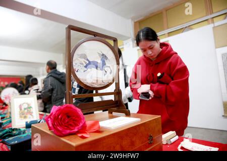 Bishkek, Kirghizistan. 26 dicembre 2023. Una donna guarda le mostre durante una mostra di cultura cinese "Walking the Silk Road, allowing Cultures to Integrate" a Bishkek, Kirghizistan, 26 dicembre 2023. Recentemente si è tenuta qui una mostra di cultura cinese "Walking the Silk Road, allowing Cultures to Integrity", dedicata alla Belt and Road Initiative (BRI). Crediti: Roman/Xinhua/Alamy Live News Foto Stock