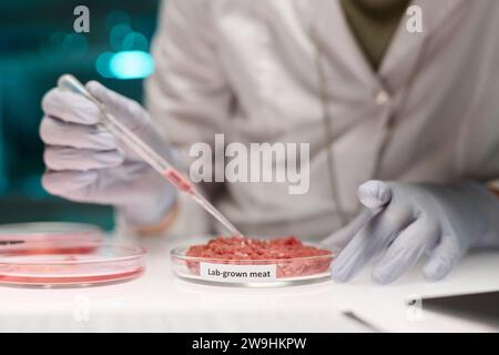 Ricercatore non riconoscibile che lavora su un campione di carne coltivato in laboratorio aggiungendo liquido utilizzando una pipetta Foto Stock