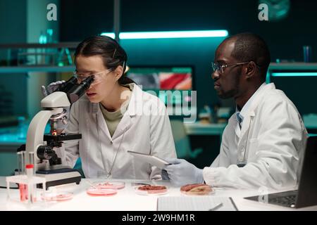 Scienziata asiatica che guarda attraverso il microscopio e parla con la sua collega nera seduta nelle vicinanze Foto Stock