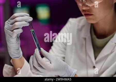 Mani di uno scienziato professionista che tiene in mano una provetta con liquido blu e germoglio vegetale Foto Stock