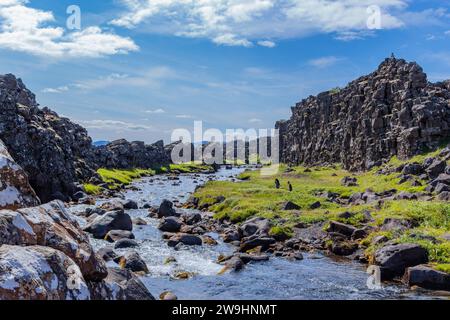 Blaskogabyggo, Islanda - 27 luglio 2023 Vista paesaggistica della piscina annegata o Drekkingarhylur, situata nel Parco Nazionale di Thingvellir, a sud Foto Stock