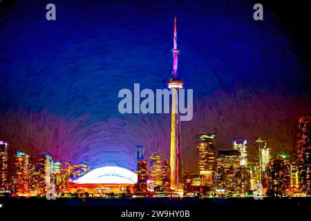 Toronto, Canada-7 gennaio 2020: Skyline urbano e CN Tower durante la notte. Foto Stock