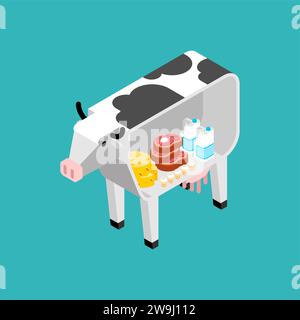 C'è un caseificio all'interno della mucca. Mucca, formaggio e latte. Carne e formaggio cottage. Produzione di cibo da mucche. Illustrazione Vettoriale