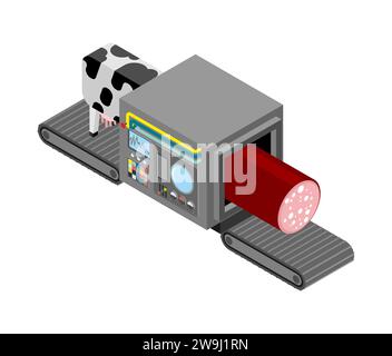 Produzione automatica di salsicce. Complesso di produzione di mucche e salsicce di attrezzature tecnologiche. Macchina di ingegneria dei prodotti a base di carne isometrica. Prodotti alimentari Illustrazione Vettoriale