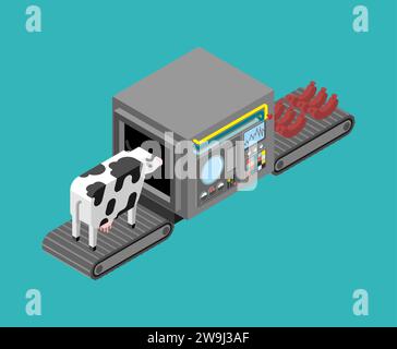 Produzione automatica di salsicce. Complesso di produzione di mucche e salsicce di attrezzature tecnologiche. Macchina di ingegneria dei prodotti a base di carne isometrica. Prodotti alimentari Illustrazione Vettoriale