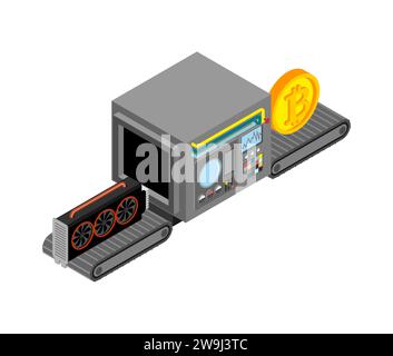 Produzione automatica di bitcoin. Videocrata e complesso di produzione di criptovalute di apparecchiature tecnologiche. Veicolo di progettazione isometrico. Equipmen Illustrazione Vettoriale